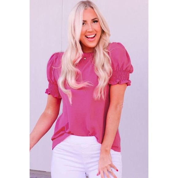 Azura Exchange  Rose Solid Color Smocked Puff Sleeve Blouse - Picture 3 of 8